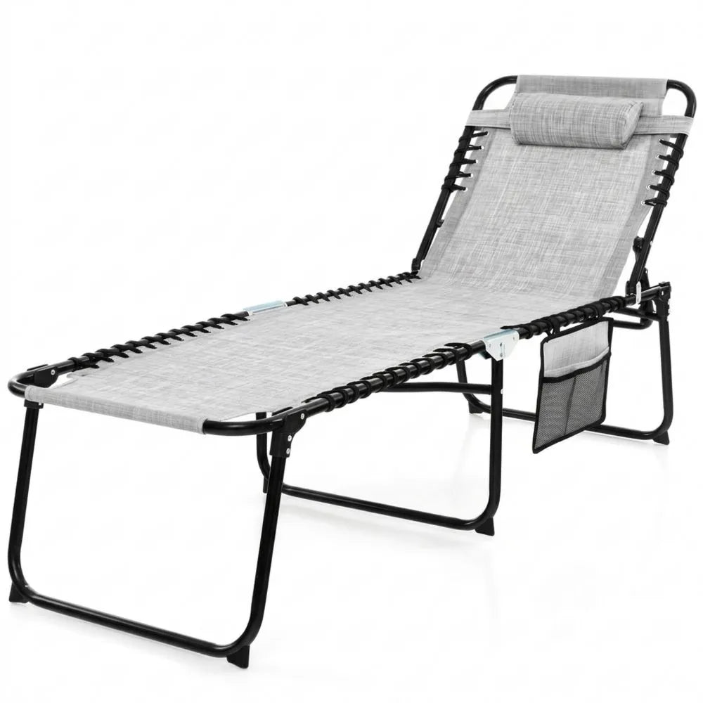 Klappbare Relaxliege mit Kopfstütze und Seitentasche, verstellbare Rückenlehne, hohe Belastbarkeit bis 150 kg, geeignet für Garten und Strand, Farbe Grau