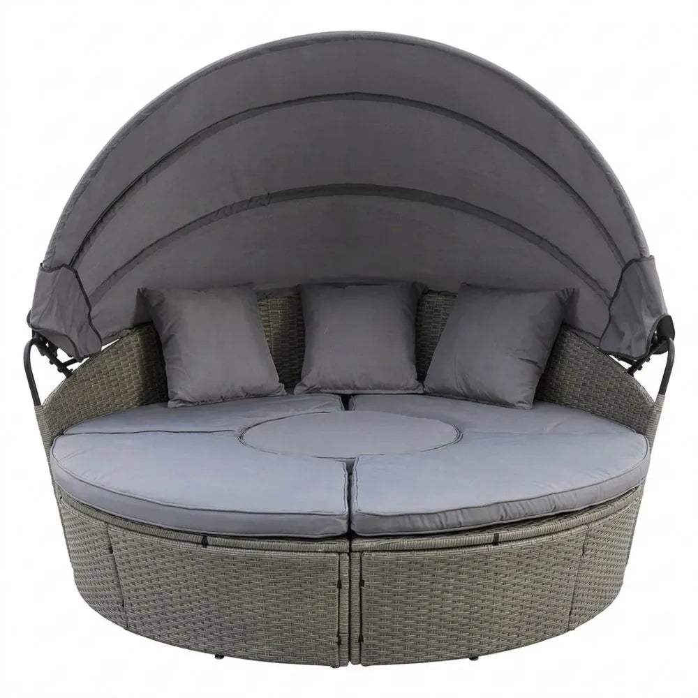 Gartenlounge Rattaninsel mit verstellbarem Dach und Kissen, Grau, Ø 180 cm