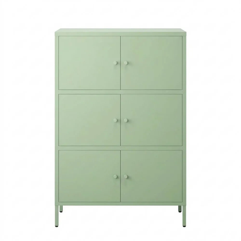 Metallkommode mit 3 Fächern und 6 Türen, Mintgrün, 80 cm breit, höhenverstellbare Füße