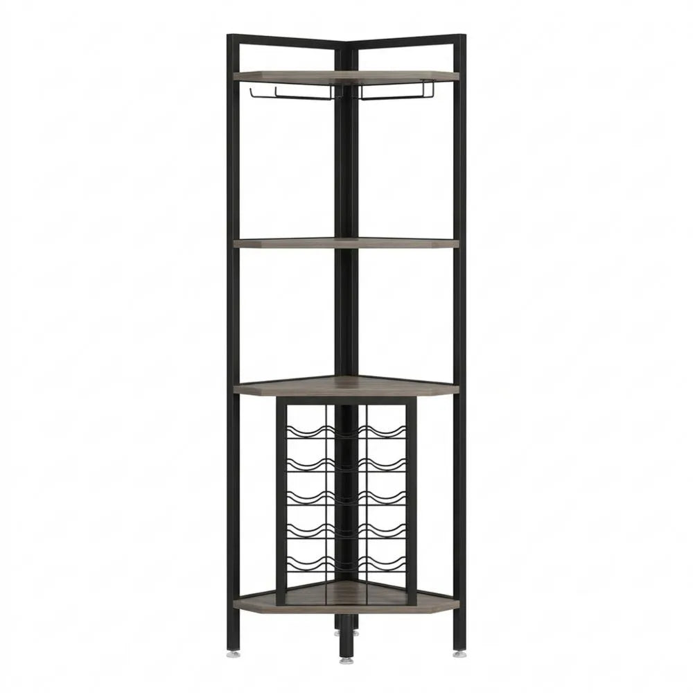 Eck-Weinregal mit Glashalter und Aufbewahrung, Industrie-Design, 4 Ebenen, für Bar und Esszimmer, Grau
