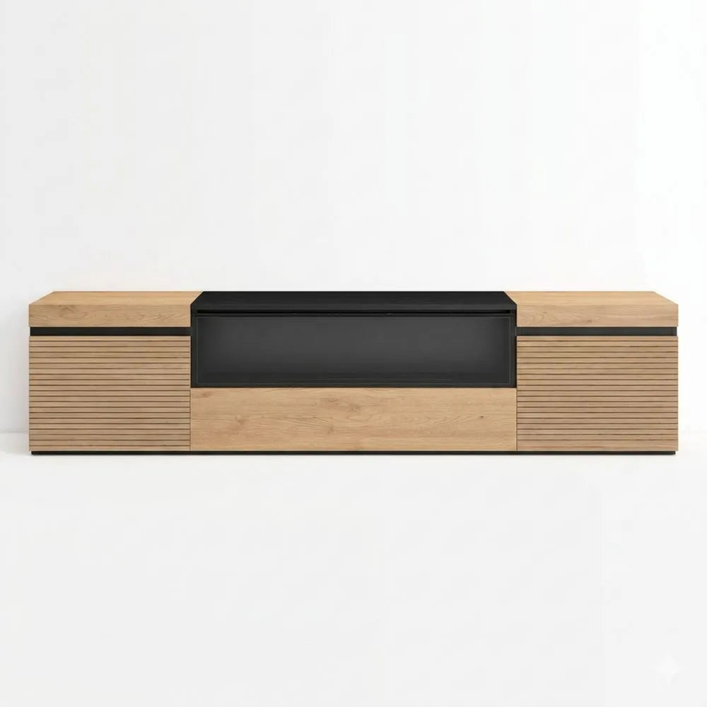 Moderner TV-Schrank mit Elektrokamin, passend für große Fernseher