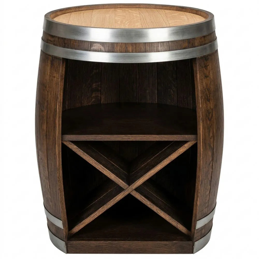 Rustikales Regal mit LED-Beleuchtung für Wein und Gläser - Fassdesign, Minibar für Zuhause